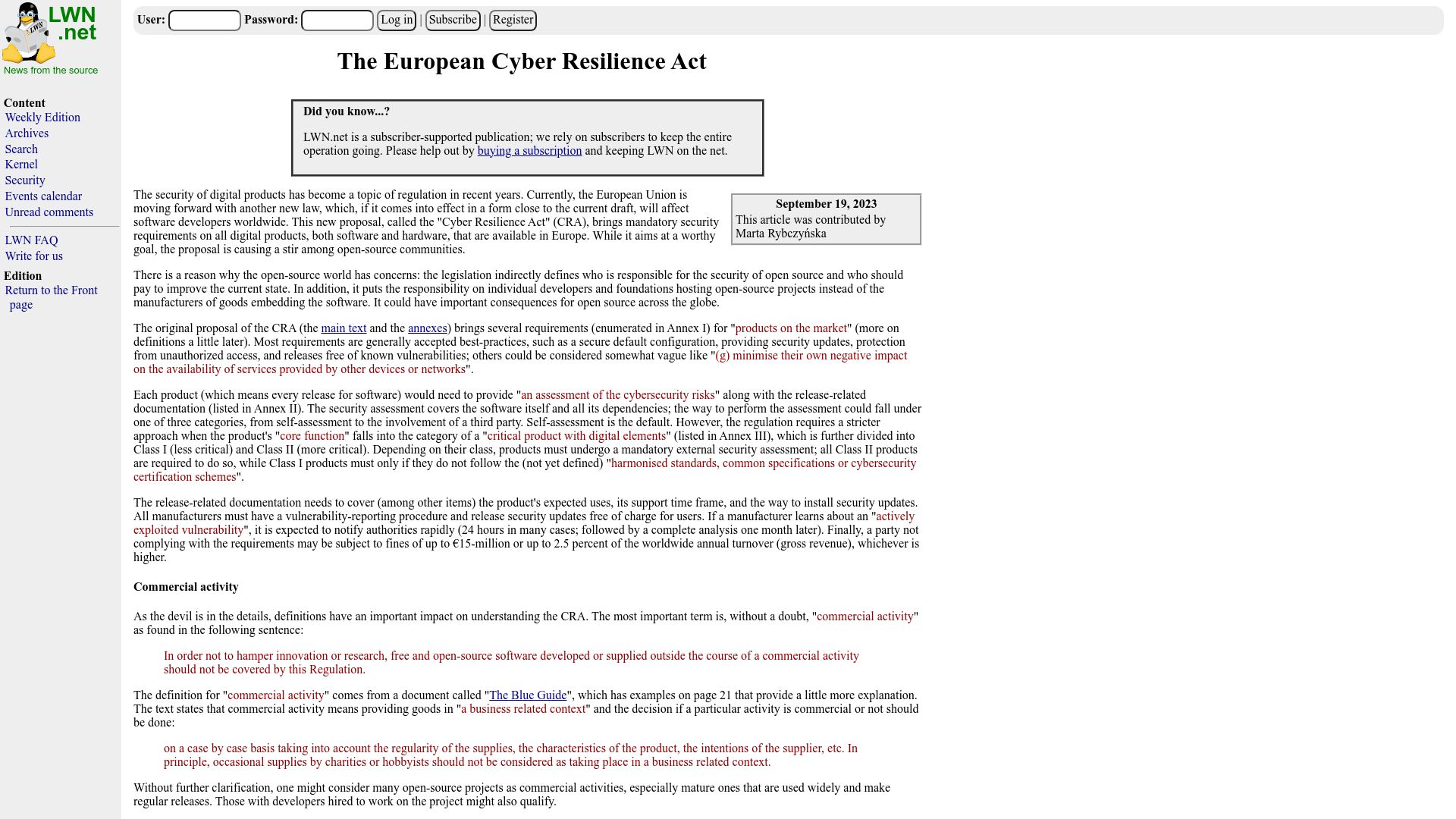 Screenshot of lwn.net: European Legislation Could Create Liability for Free-Software Developers