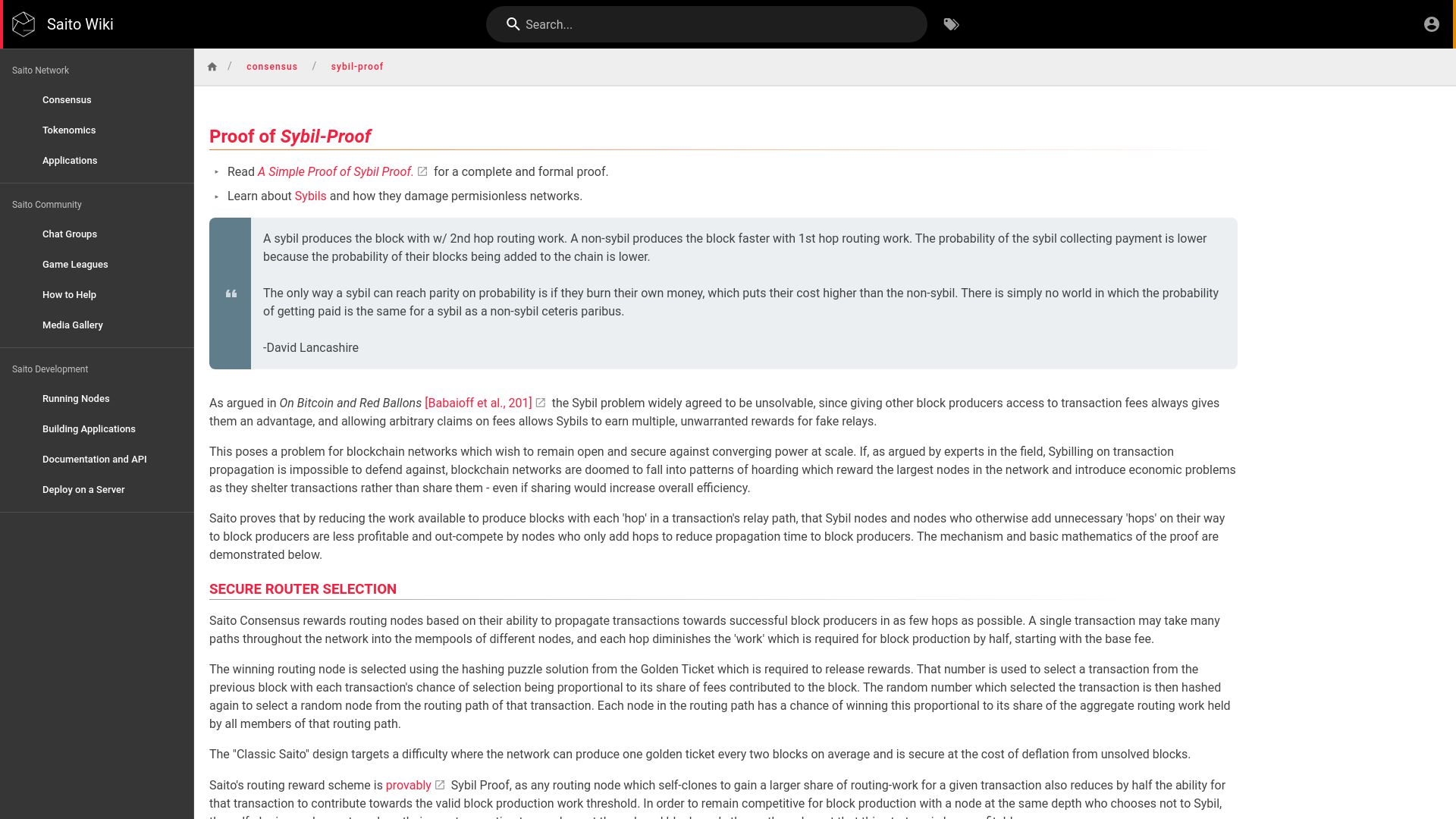 Screenshot of wiki.saito.io: Removing Sybils from an Open Network