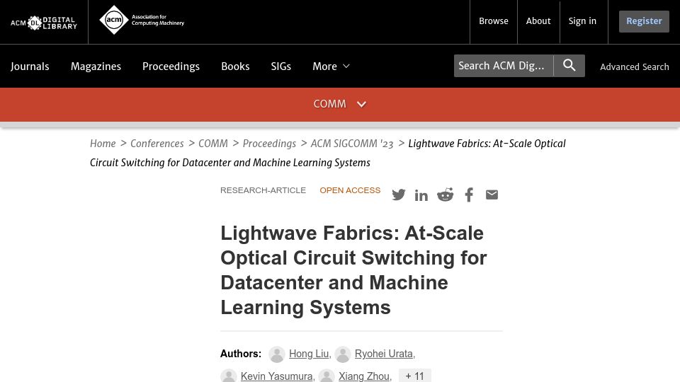 Screenshot of dl.acm.org: Optical Circuit Switching for ML Systems