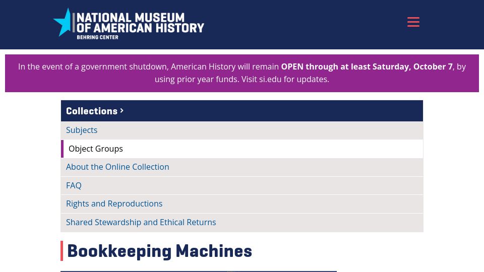 Screenshot of americanhistory.si.edu: Bookkeeping Machines