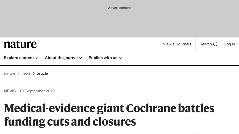 Screenshot of nature.com: Medical-evidence giant Cochrane battles funding cuts and closures