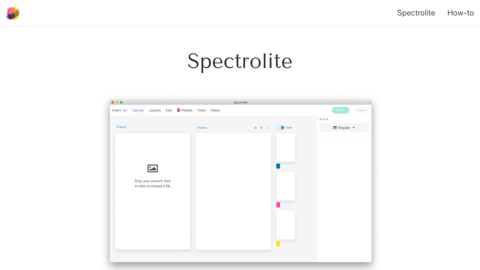 Screenshot of spectrolite.app: Spectrolite – Mac app to make colorful risograph prints and zines more easily