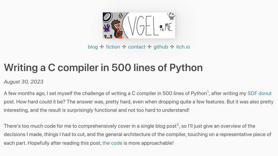 Screenshot of vgel.me: Writing a C compiler in 500 lines of Python