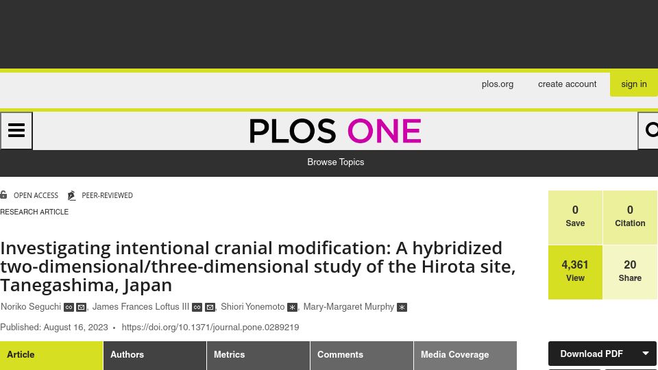 Screenshot of journals.plos.org: Investigating intentional cranial modification in 3rd to 7th century CE Japan