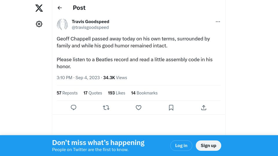 Screenshot of twitter.com: Geoff Chappell has died