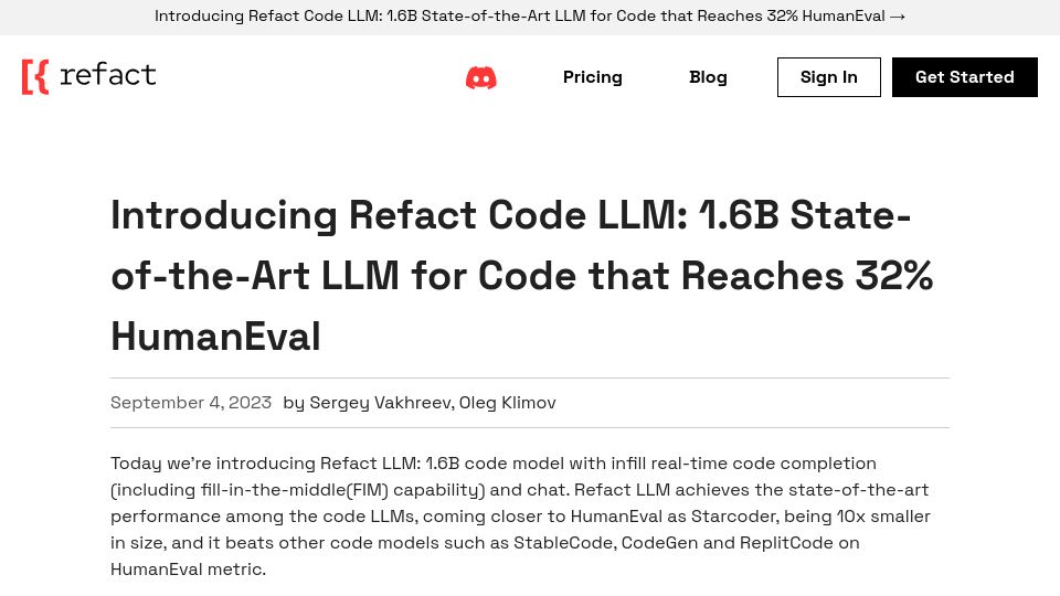 Screenshot of refact.ai: Refact LLM: New 1.6B code model reaches 32% HumanEval and is SOTA for the size