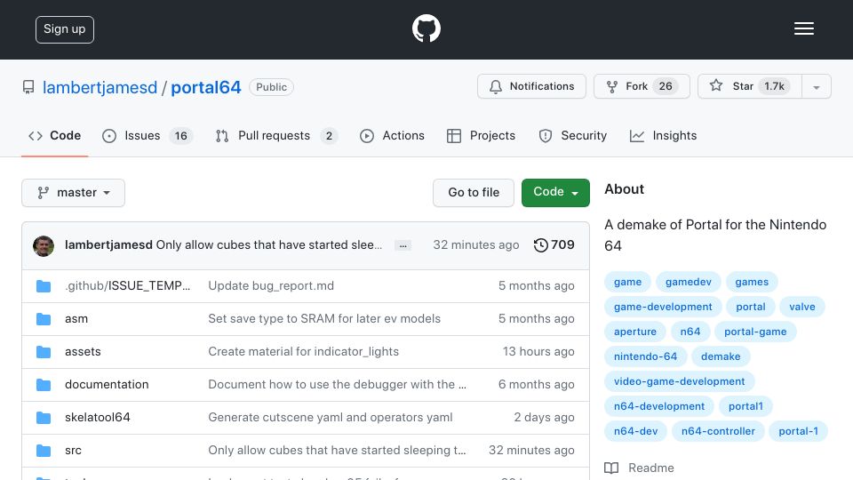 Screenshot of github.com: Portal 64 – A demake of Portal for the Nintendo 64