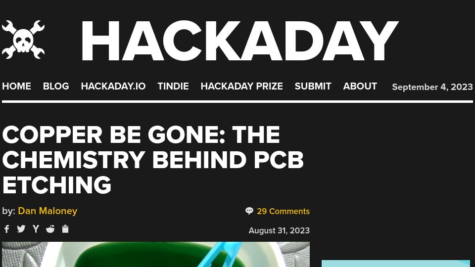 Screenshot of hackaday.com: Copper Be Gone: The Chemistry Behind PCB Etching