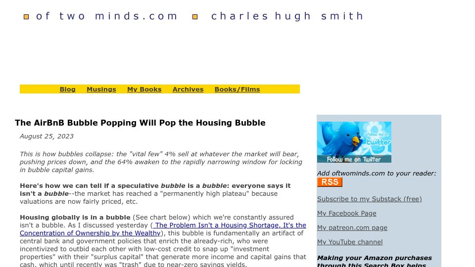 Screenshot of oftwominds.com: The Airbnb Bubble Popping Will Pop the Housing Bubble