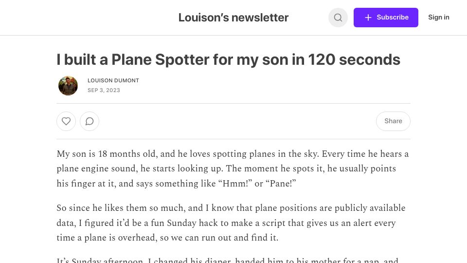Screenshot of louison.substack.com: I built a plane spotter for my son in minutes