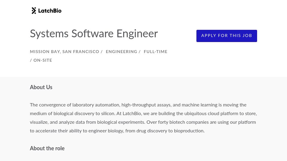 Screenshot of jobs.lever.co: Latch bio: “We work six days a week”