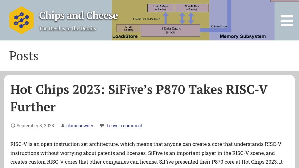 Screenshot of chipsandcheese.com: SiFive’s P870 Takes RISC-V Further
