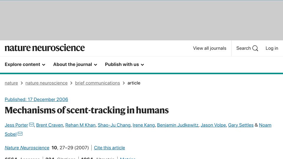 Screenshot of nature.com: Mechanisms of scent-tracking in humans (2006)