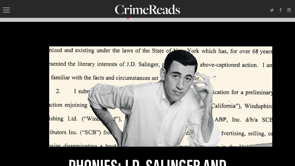 Screenshot of crimereads.com: J.D. Salinger and wielding copyright as self-protection