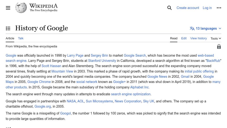 Screenshot of en.wikipedia.org: Google was founded 25 years ago Today