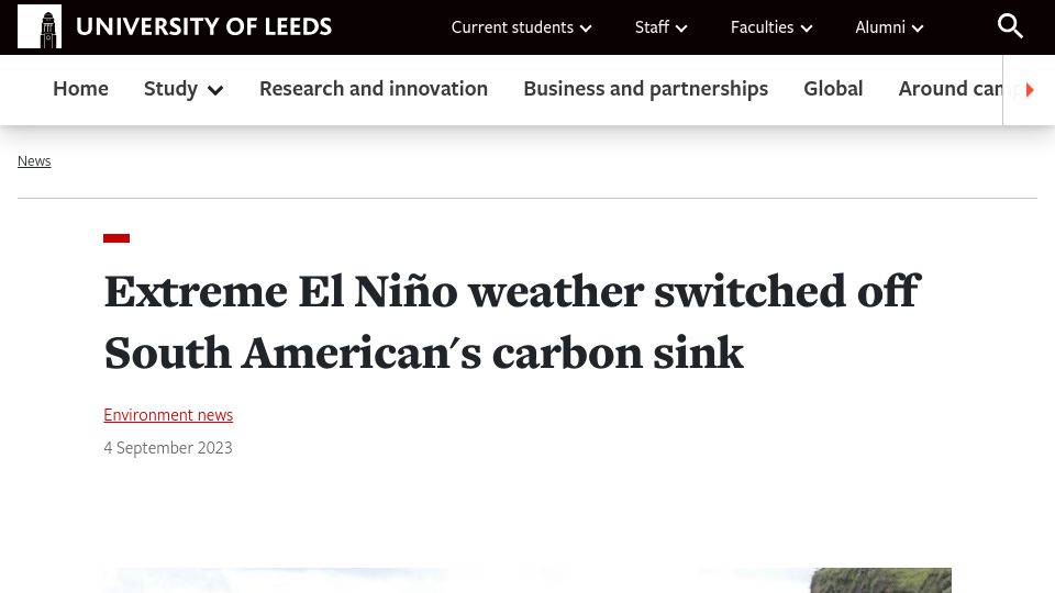 Screenshot of leeds.ac.uk: Extreme El Niño weather switched off South American's carbon sink