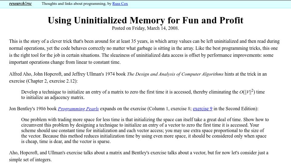 Screenshot of research.swtch.com: Using uninitialized memory for fun and profit (2008)
