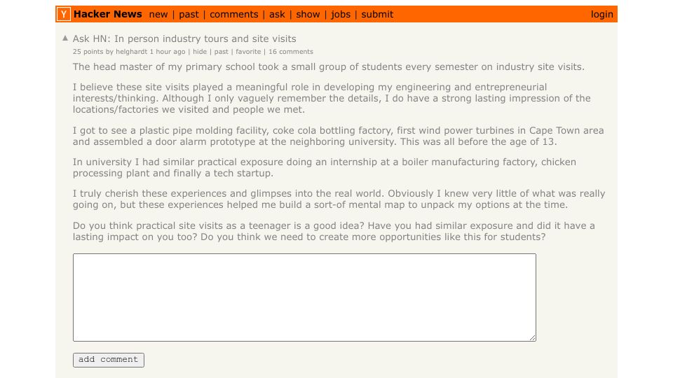 Screenshot of Hacker News post: Ask HN: In person industry tours and site visits