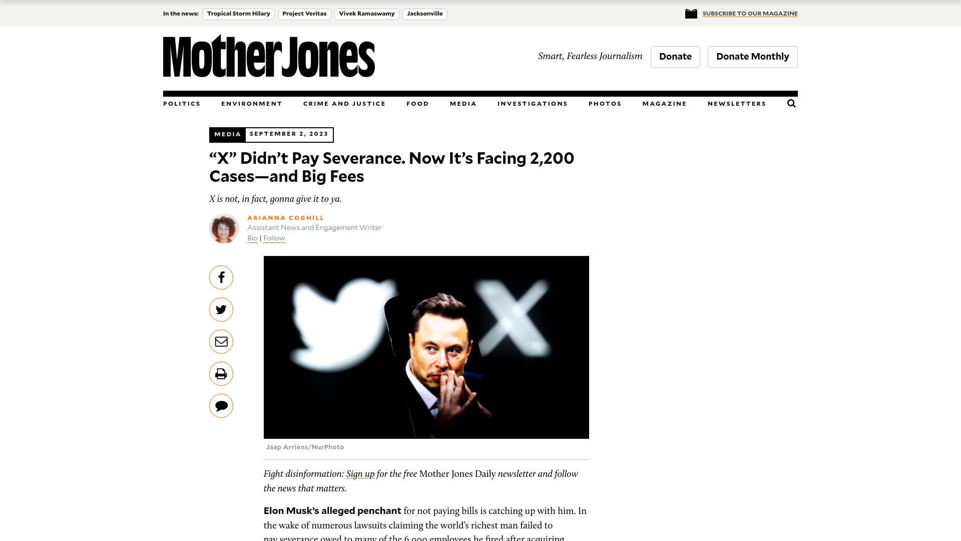 Screenshot of motherjones.com: “X” Didn’t Pay Severance. Now It’s Facing 2,200 Cases – and Big Fees