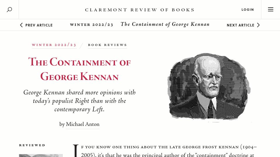 Screenshot of claremontreviewofbooks.com: The containment of George Kennan (2022)