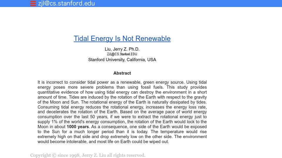 Screenshot of cs.stanford.edu: Tidal energy is not renewable