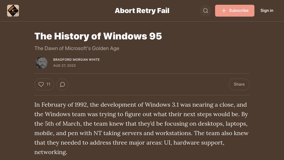 Screenshot of abortretry.fail: The History of Windows 95