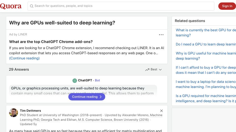 Screenshot of quora.com: Why are GPUs well-suited for deep learning?