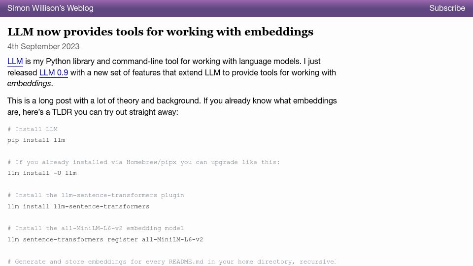 Screenshot of simonwillison.net: LLM Python/CLI tool adds support for embeddings