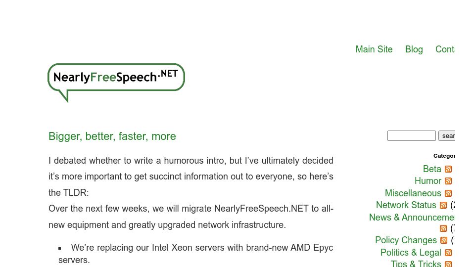 Screenshot of blog.nearlyfreespeech.net: Bigger, better, faster, more