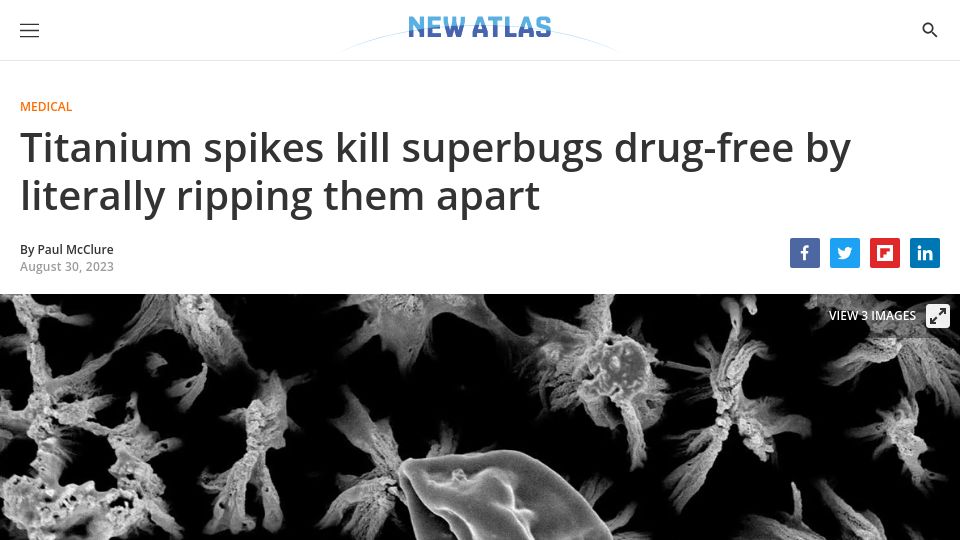 Screenshot of newatlas.com: Researchers have found that micro-spikes etched into titanium rupture microbes