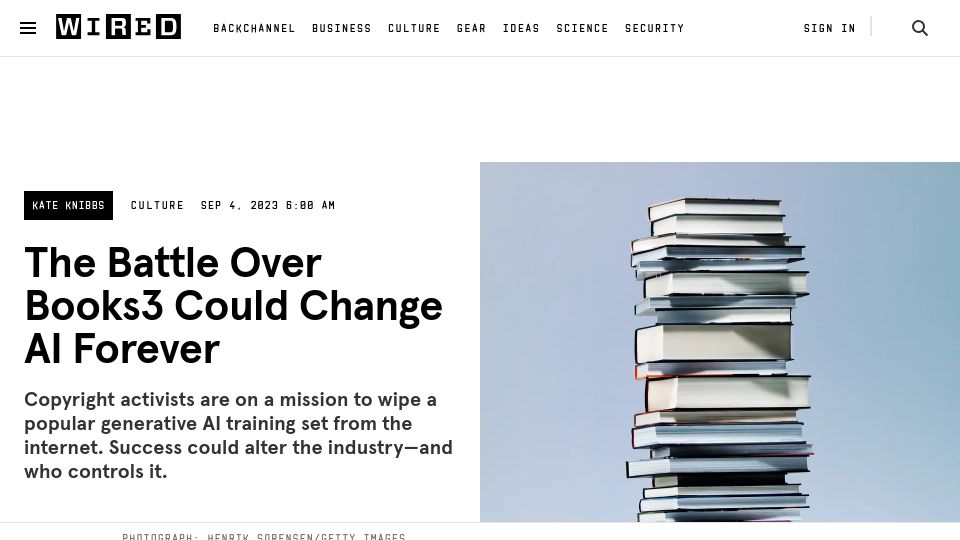 Screenshot of wired.com: The Battle over Books3