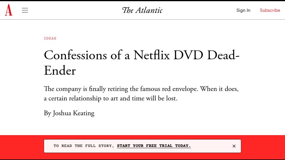 Screenshot of theatlantic.com: Confessions of a Netflix DVD Dead-Ender