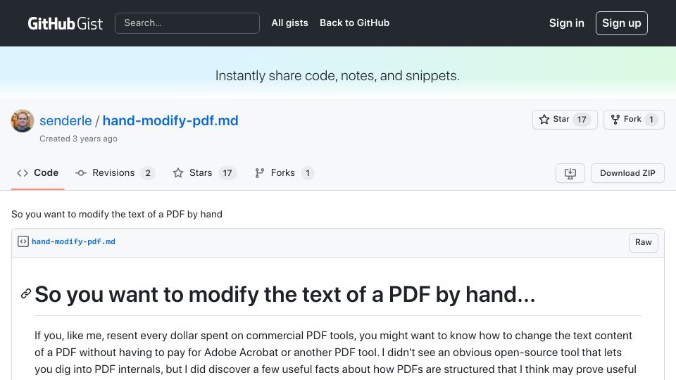 Screenshot of gist.github.com: So you want to modify the text of a PDF by hand (2020)