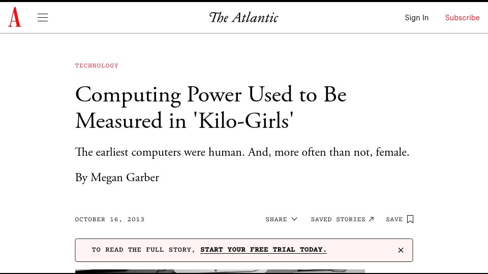 Screenshot of theatlantic.com: Computing Power Used to Be Measured in 'Kilo-Girls'