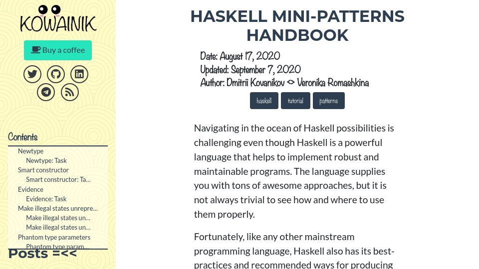 Screenshot of kowainik.github.io: Haskell mini-patterns handbook (2020)