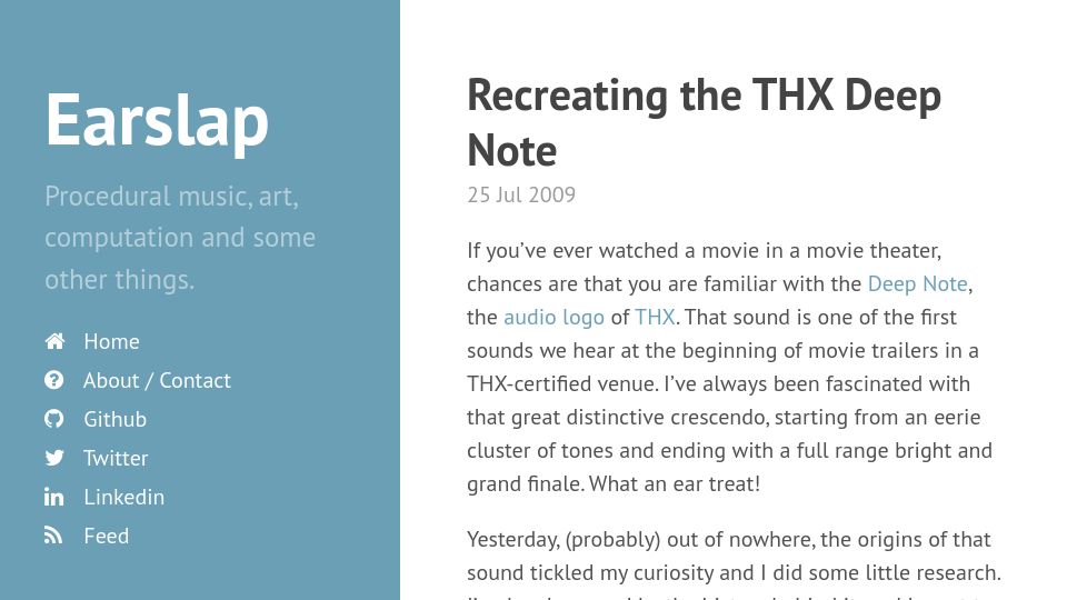 Screenshot of earslap.com: Recreating the THX Deep Note (2009)