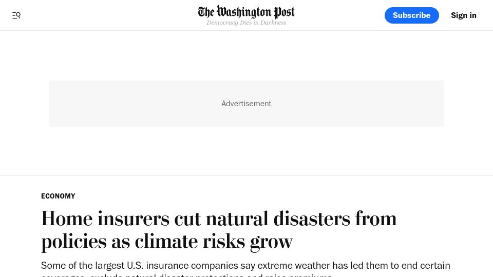 Screenshot of washingtonpost.com: Home insurers cut natural disasters from policies as climate risks grow