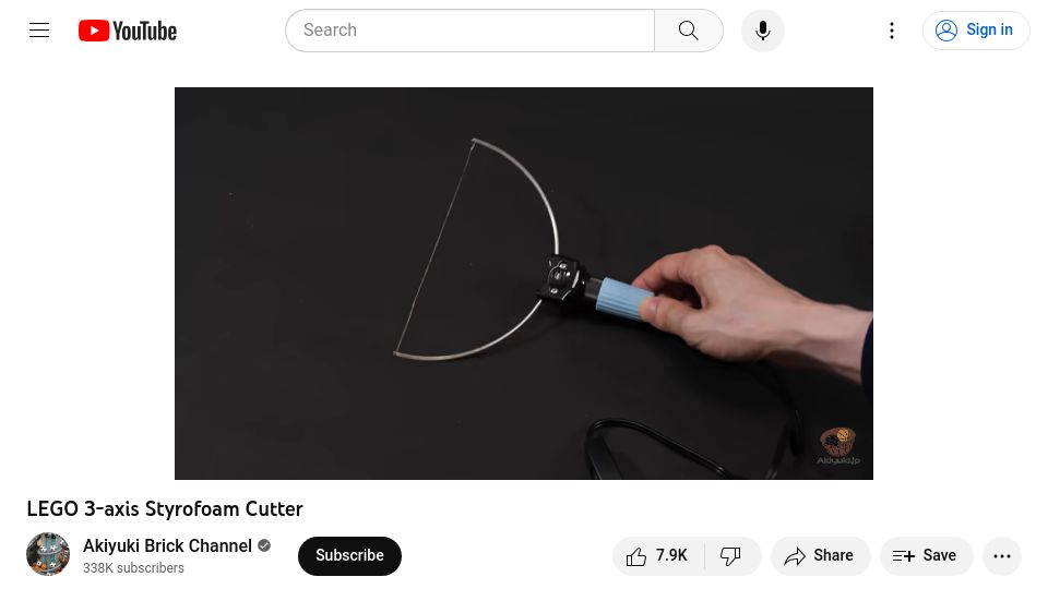 Screenshot of youtube.com: Lego 3-axis styrofoam cutter [video]