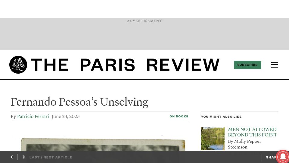 Screenshot of theparisreview.org: Fernando Pessoa’s Unselving