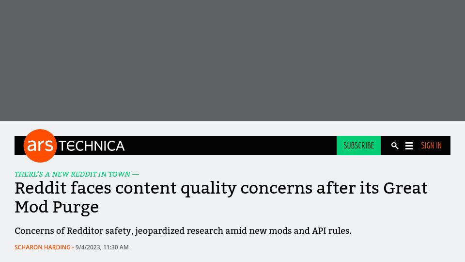 Screenshot of arstechnica.com: Reddit faces content quality concerns after its Great Mod Purge