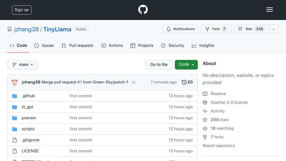 Screenshot of github.com: TinyLlama project aims to pretrain a 1.1B Llama model on 3T tokens
