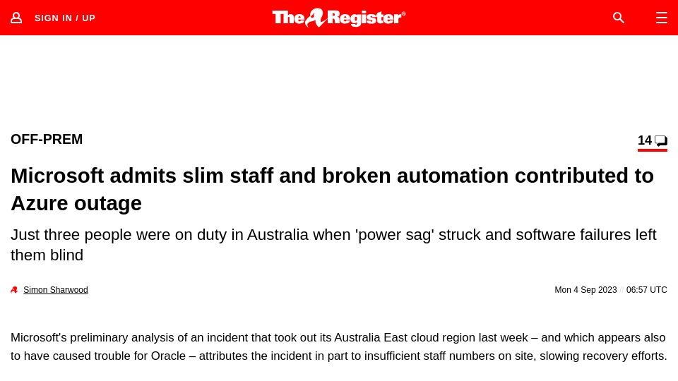 Screenshot of theregister.com: Microsoft blames outage on small staff, automation failures