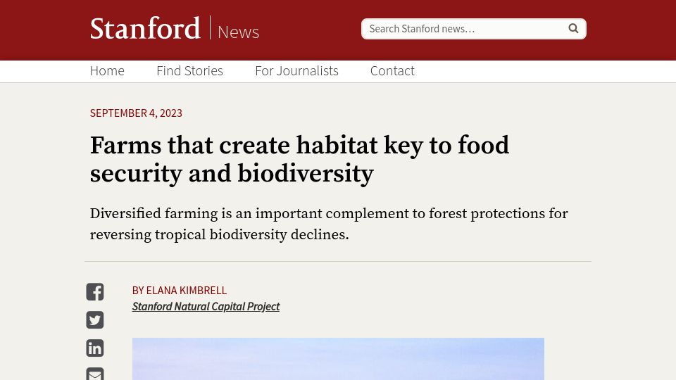 Screenshot of news.stanford.edu: Farms that create habitat key to food security and biodiversity