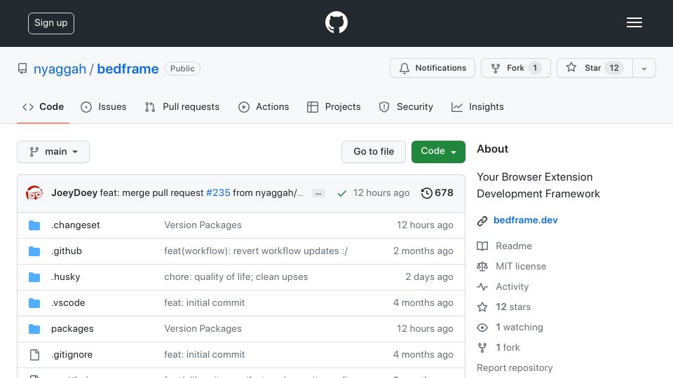 Screenshot of github.com: Show HN: Bedframe – open-source Browser Extension Development framework