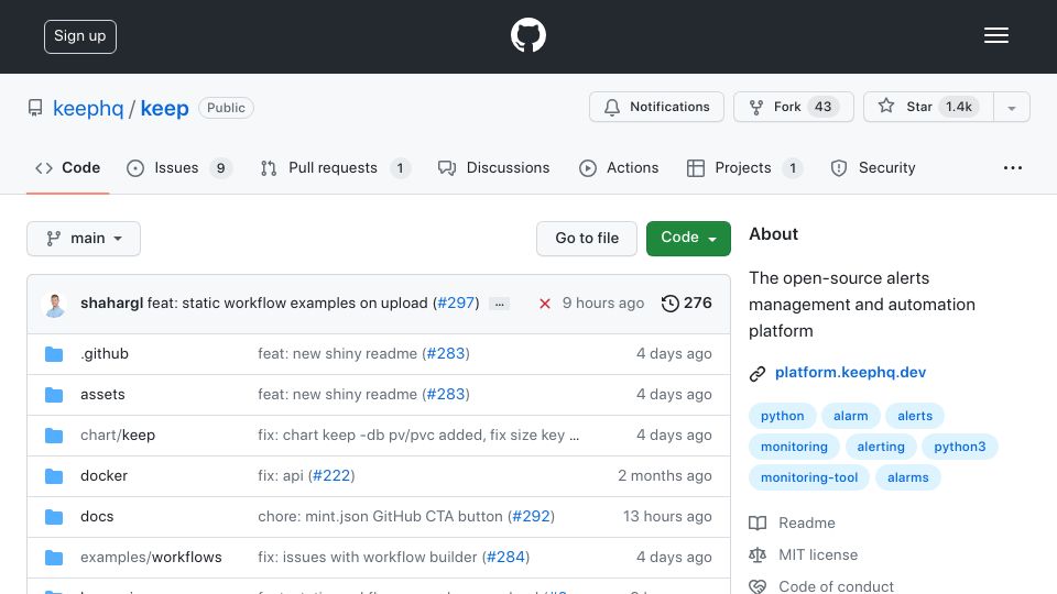 Screenshot of github.com: Show HN: Keep – GitHub Actions for your monitoring tools