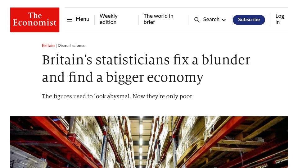 Screenshot of economist.com: Britain’s statisticians fix a blunder and find a bigger economy