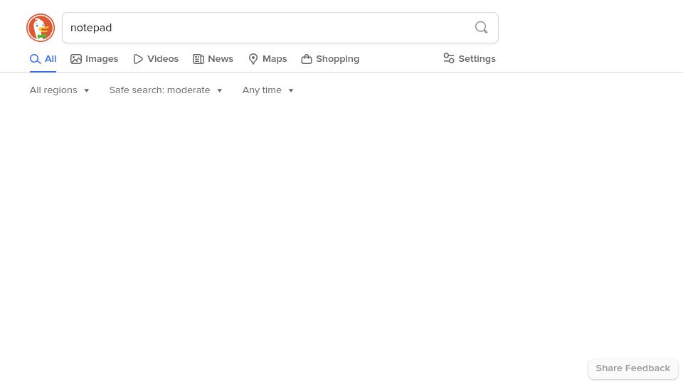 Screenshot of duckduckgo.com: Searching for “notepad” on DuckDuckGo yields zero results