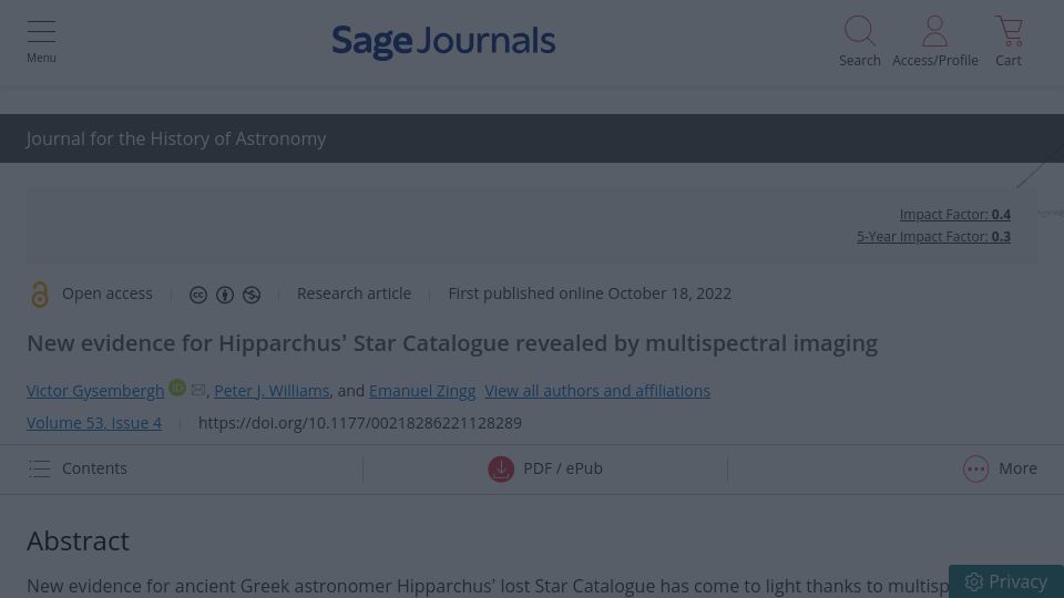 Screenshot of journals.sagepub.com: Evidence for Hipparchus’ Star Catalogue revealed by multispectral imaging (2022)