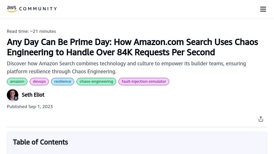 Screenshot of community.aws: How Amazon uses chaos engineering to handle 80k requests per second