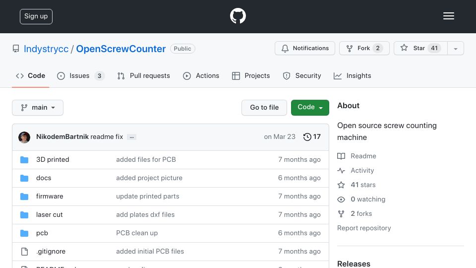 Screenshot of github.com: Open source screw counting machine